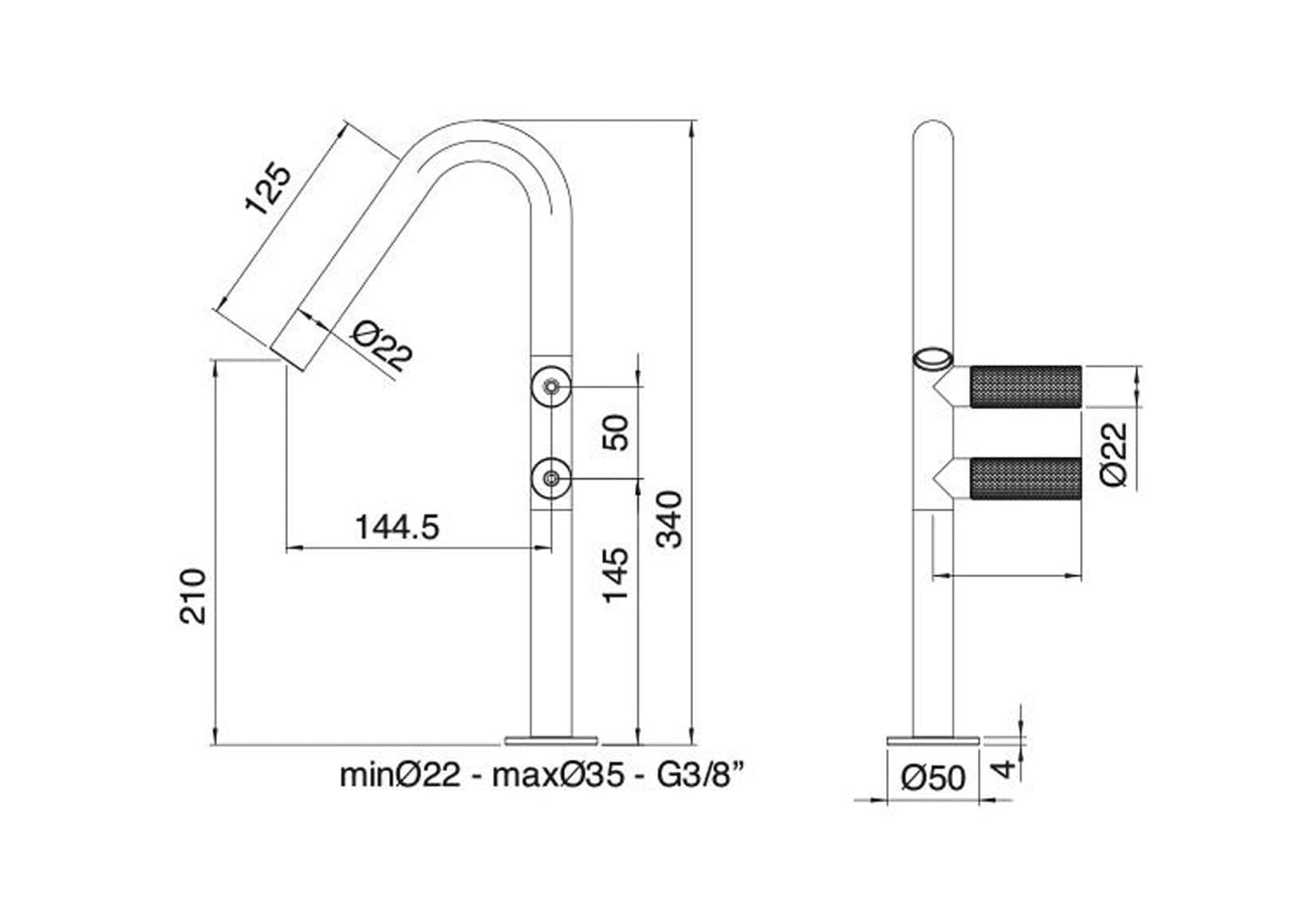 Rubinetterie Treemme 3M 22MM IT 3053 IS 2G ZZ Miscelatore Monoforo Appoggio Lavabo 210 mm 2 Leve Destra Stile Moderno Senza Piletta di Scarico Altezza 340 mm Materiale Acciaio Finitura Acciaio Spazzolato Opaco Inox