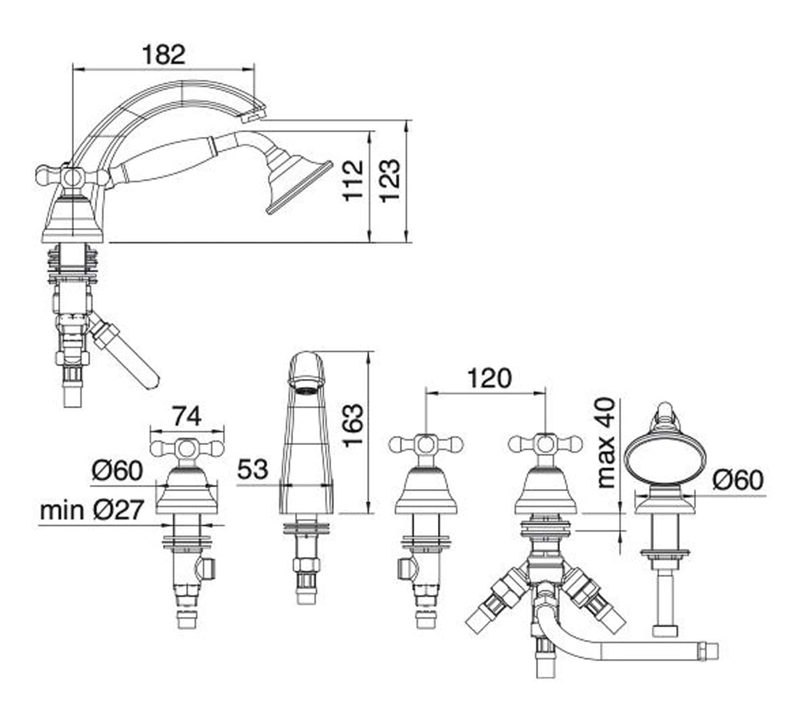 Rubinetterie Treemme 3M ROMANTICA IT 3606 CC PV ZZ Miscelatore Batteria Bordo Vasca 5 Fori Con Doccetta In Metallo Estraibile Materiale Ottone Finitura Cromata