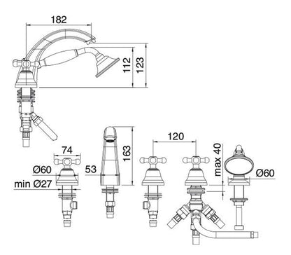Rubinetterie Treemme 3M ROMANTICA IT 3606 CC PV ZZ Miscelatore Batteria Bordo Vasca 5 Fori Con Doccetta In Metallo Estraibile Materiale Ottone Finitura Cromata