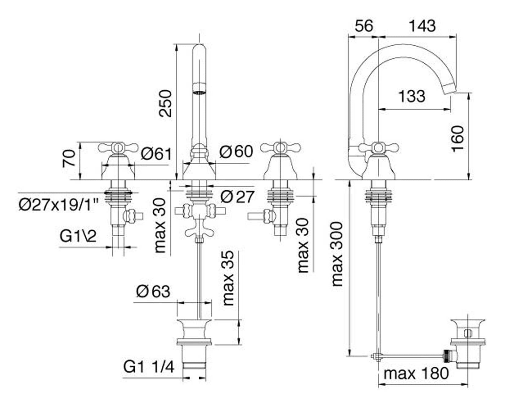 Rubinetterie Treemme 3M ROMANTICA IT 3616 CC PV ZZ Batteria Miscelatore Lavabo Tre Fori Con Piletta Di Scarico Automatico Materiale Ottone Finitura Cromata