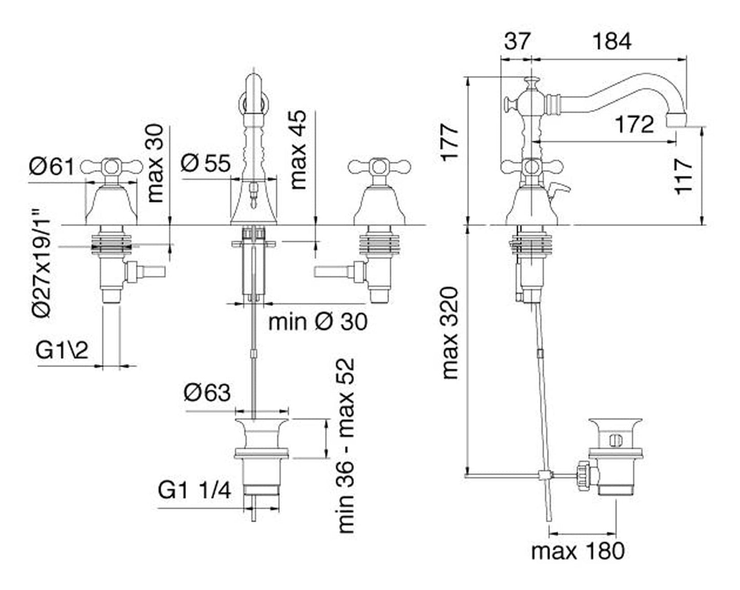 Rubinetterie Treemme 3M ROMANTICA IT 3617 CC PV ZZ Batteria Miscelatore Lavabo Tre Fori Con Piletta Di Scarico Automatico Bocca Girevole Materiale Ottone Finitura Cromata