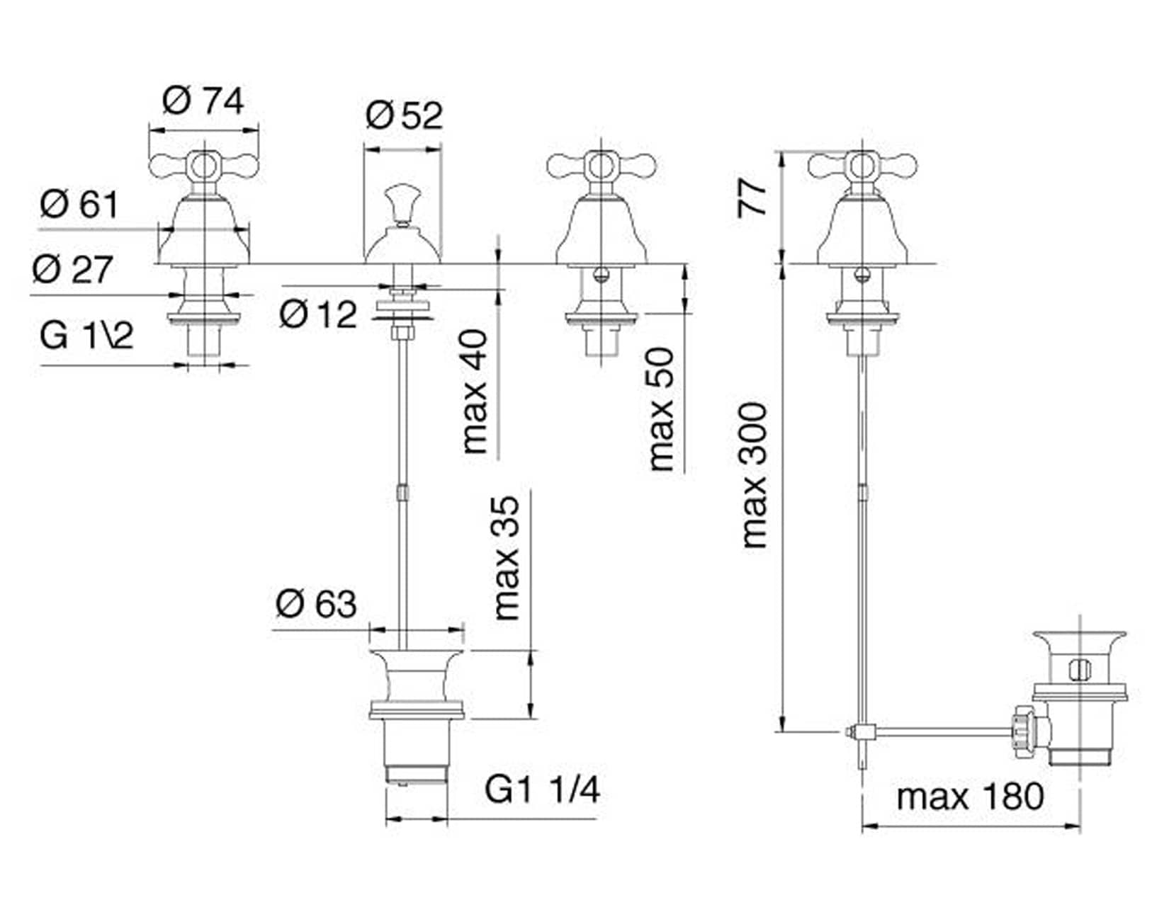 Rubinetterie Treemme 3M ROMANTICA IT 3620 CC PV ZZ Batteria Bidet Senza Canna Con Piletta Di Scarico Automatico 3 Fori Materiale Ottone Finitura Cromata