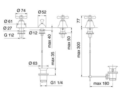 Rubinetterie Treemme 3M ROMANTICA IT 3620 CC PV ZZ Batteria Bidet Senza Canna Con Piletta Di Scarico Automatico 3 Fori Materiale Ottone Finitura Cromata