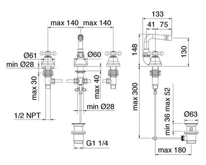Rubinetterie Treemme 3M ROMANTICA IT 3627 CC PV ZZ Batteria Bidet Con Piletta Di Scarico Automatico E Areatore Orientabile Tre Fori Materiale Ottone Finitura Cromata