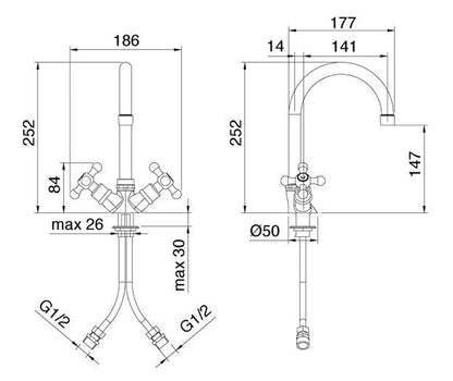 Rubinetterie Treemme KITCHEN - RETRO' Miscelatore Lavello Cucina Monoforo Stile Classico Con Bocca Girevole Materiale Ottone Finitura Cromata