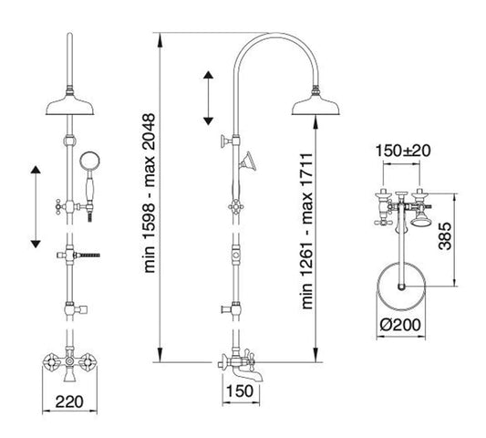 Rubinetterie Treemme 3M ROMANTICA IT 3683 CC PV ZZ Gruppo Colonna Vasca Attrezzata Multifunzione Miscelatore Meccanico Materiale Ottone Finitura Cromata Con Doccetta E Soffione Anticalcare In Metallo Diametro Ø 200 mm