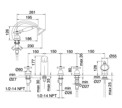 Rubinetterie Treemme 3M OLD ITALY IT 4406 CC OI ZZ Miscelatore Batteria Bordo Vasca 5 Fori Con Doccetta In Metallo Estraibile Materiale Ottone Finitura Cromata