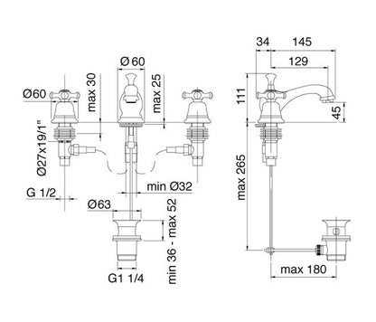 Rubinetterie Treemme 3M OLD ITALY IT 4410 CC OI ZZ Batteria Miscelatore Lavabo Tre Fori Con Piletta Di Scarico Automatico Materiale Ottone Finitura Cromata