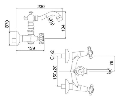 Rubinetterie Treemme KITCHEN - RETRO' Miscelatore Gruppo Lavello Cucina A Parete Stile Classico Con Bocca Girevole Materiale Ottone Finitura Cromata