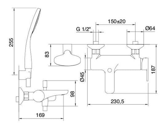 Rubinetterie Treemme 3M Contract ZIP IT 4900 CC KP ZZ Miscelatore Monocomando Esterno Vasca A Parete Con Doccetta In Metallo Stile Moderno Materiale Ottone Finitura Cromata
