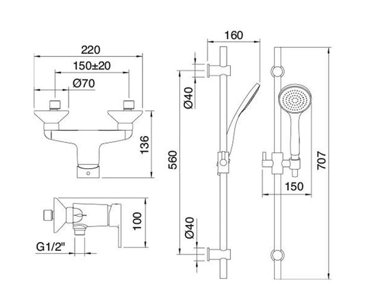 Rubinetterie Treemme 3M Contract ZIP IT 4906 CC KP ZZ Miscelatore Monocomando Esterno Docciaa A Parete Con Asta Saliscendi E Doccetta In Metallo Stile Moderno Materiale Ottone Finitura Cromata
