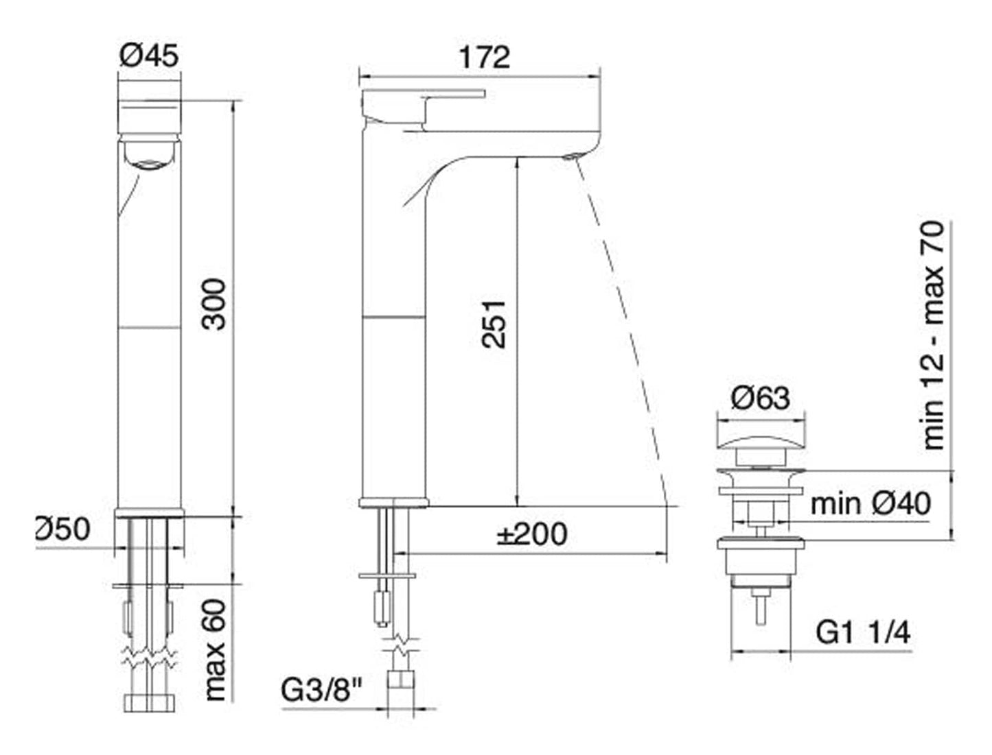 Rubinetterie Treemme 3M Contract ZIP IT 4912 CC KP ZZ Miscelatore Monocomando Monoforo Appoggio Lavabo 251 mm Con Piletta Di Scarico Click - Clack Stile Moderno Materiale Ottone Finitura Cromata