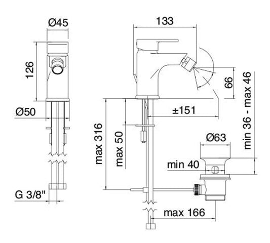 Rubinetterie Treemme 3M Contract ZIP IT 4920 CC KP ZZ Miscelatore Monocomando Monoforo Bidet Appoggio Con Areatore Orientabile E Piletta Di Scarico Automatico Stile Moderno Materiale Ottone Finitura Cromata