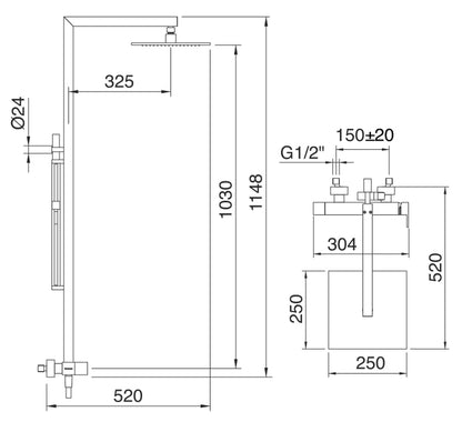 Rubinetterie Treemme SHOWERS & THERMOSTATICS Gruppo Colonna Doccia Attrezzata Multifunzione Miscelatore Meccanico Finitura Cromata Con Doccetta E Soffione Anticalcare In Metallo Quadrato 250x250 mm Asta Saliscendi