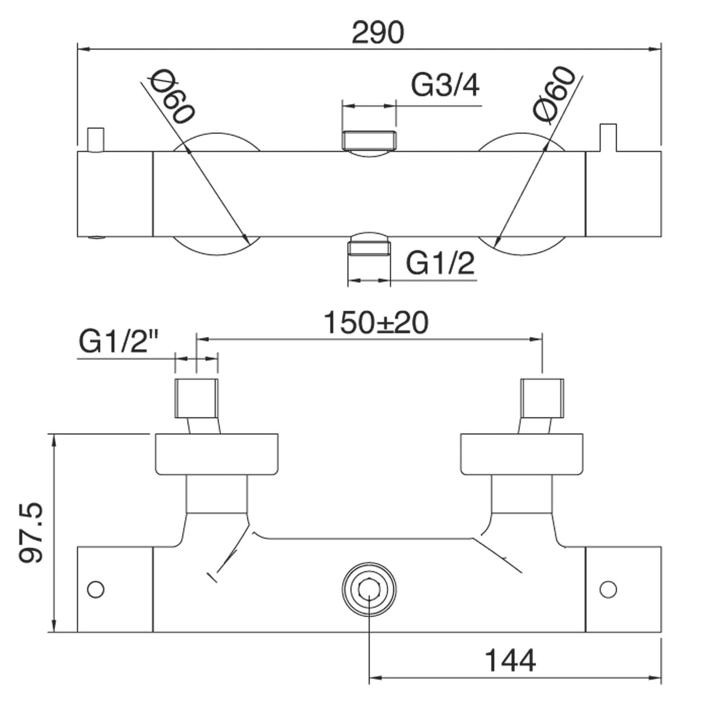 Rubinetterie Treemme SHOWERS & THERMOSTATICS Miscelatore Termostatico Esterno Doccia 3/4" - 1/2" Materiale Ottone Finitura Cromata