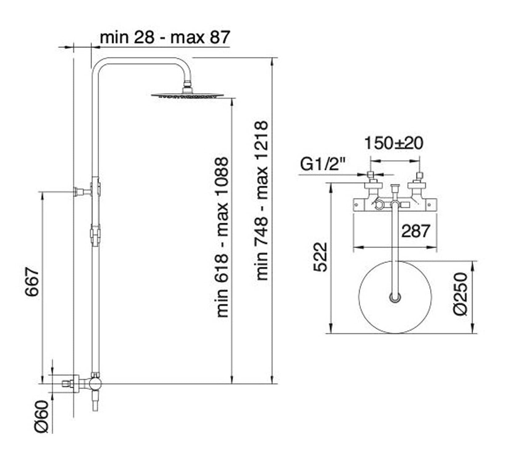 Rubinetterie Treemme SHOWERS & THERMOSTATICS Gruppo Colonna Doccia Attrezzata Multifunzione Miscelatore Termostatico Finitura Cromata Con Doccetta E Soffione Anticalcare In Metallo Tondo Diametro Ø 250 mm