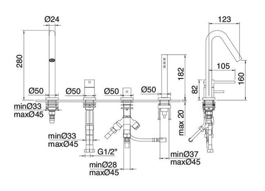 Rubinetterie Treemme X-CHANGE_mono Miscelatore Batteria Bordo Vasca 4 Fori Con Doccetta In Metallo Estraibile Materiale Ottone Finitura Cromata