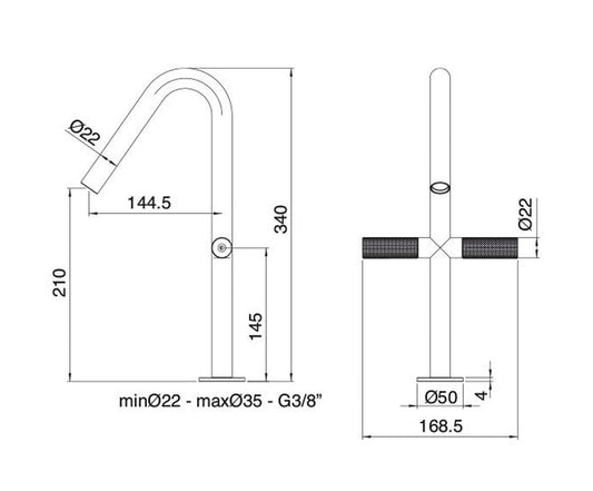 Rubinetterie Treemme 3M 22MM IT 6053 IS 2G ZZ Miscelatore Monoforo Appoggio Lavabo 210 mm 2 Leve Stile Moderno Materiale Acciaio Finitura Acciaio Spazzolato Opaco Inox