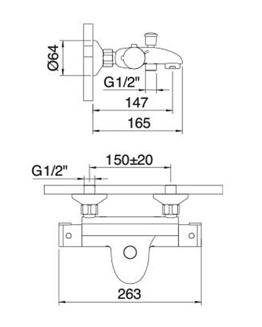 Rubinetterie Treemme Contract Termo S + Showers IT 6450 CC DT ZZ Gruppo Miscelatore Vasca Termostatico Esterno A Parete Senza Set Doccia 2 Fori 2 Leve Stile Moderno Materiale Ottone Finitura Cromata