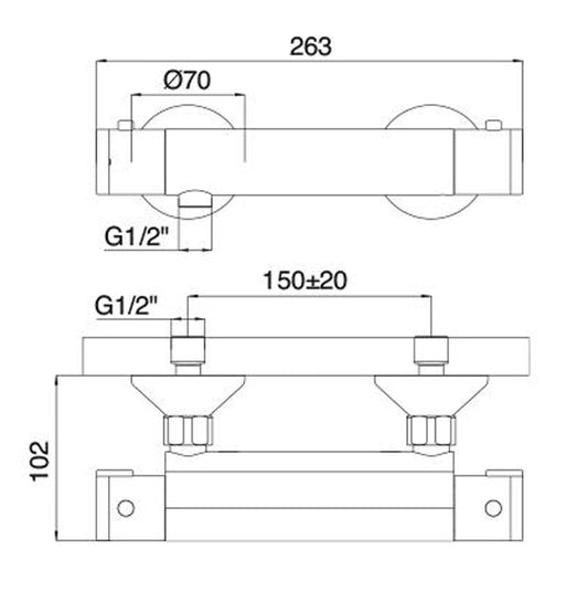 Rubinetterie Treemme 3M Contract Termo S + Showers IT 6456 CC DT ZZ Miscelatore Termostatico Esterno Doccia A Muro 2 Fori 2 Leve 1 Via Stile Moderno Materiale Ottone Finitura Cromata