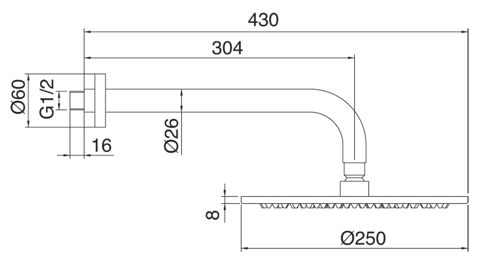 Soffione Tondo A Parete Anticalcare Ø 250 mm Con Braccio Doccia 304 mm Rubinetterie Treemme Nanotech Materiale Metallo Finitura Cromata
