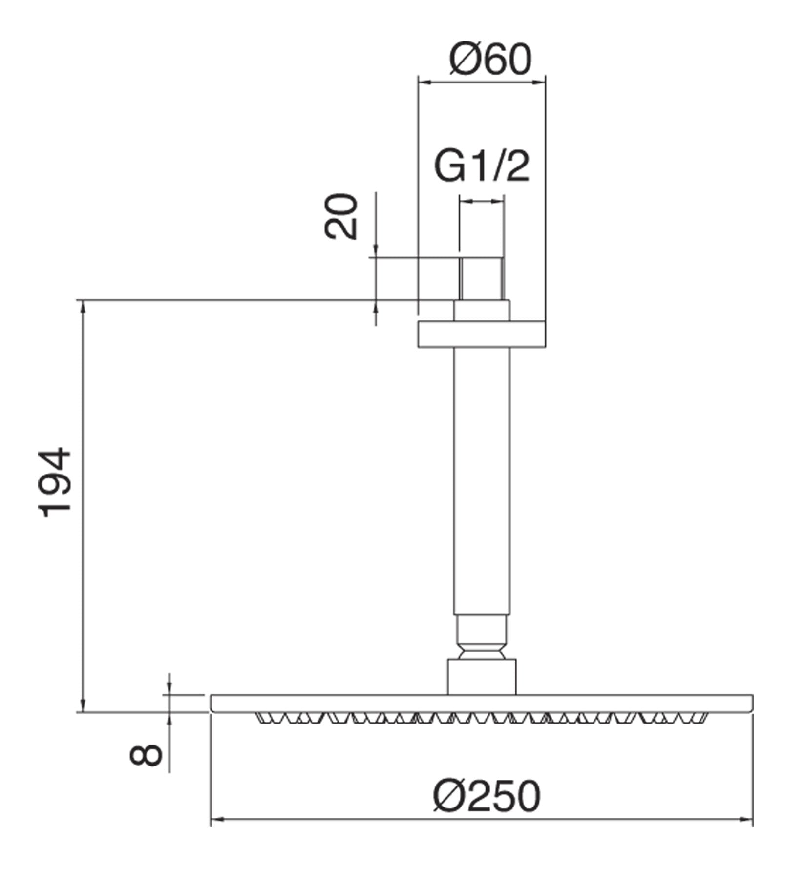 Soffione Tondo A Soffitto Anticalcare Ø 250 mm Con Braccio Doccia 194 mm Rubinetterie Treemme Nanotech Materiale Metallo Finitura Cromata