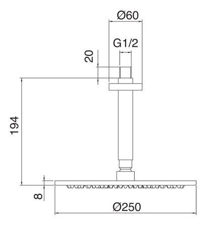 Soffione Tondo A Soffitto Anticalcare Ø 250 mm Con Braccio Doccia 194 mm Rubinetterie Treemme Nanotech Materiale Metallo Finitura Cromata