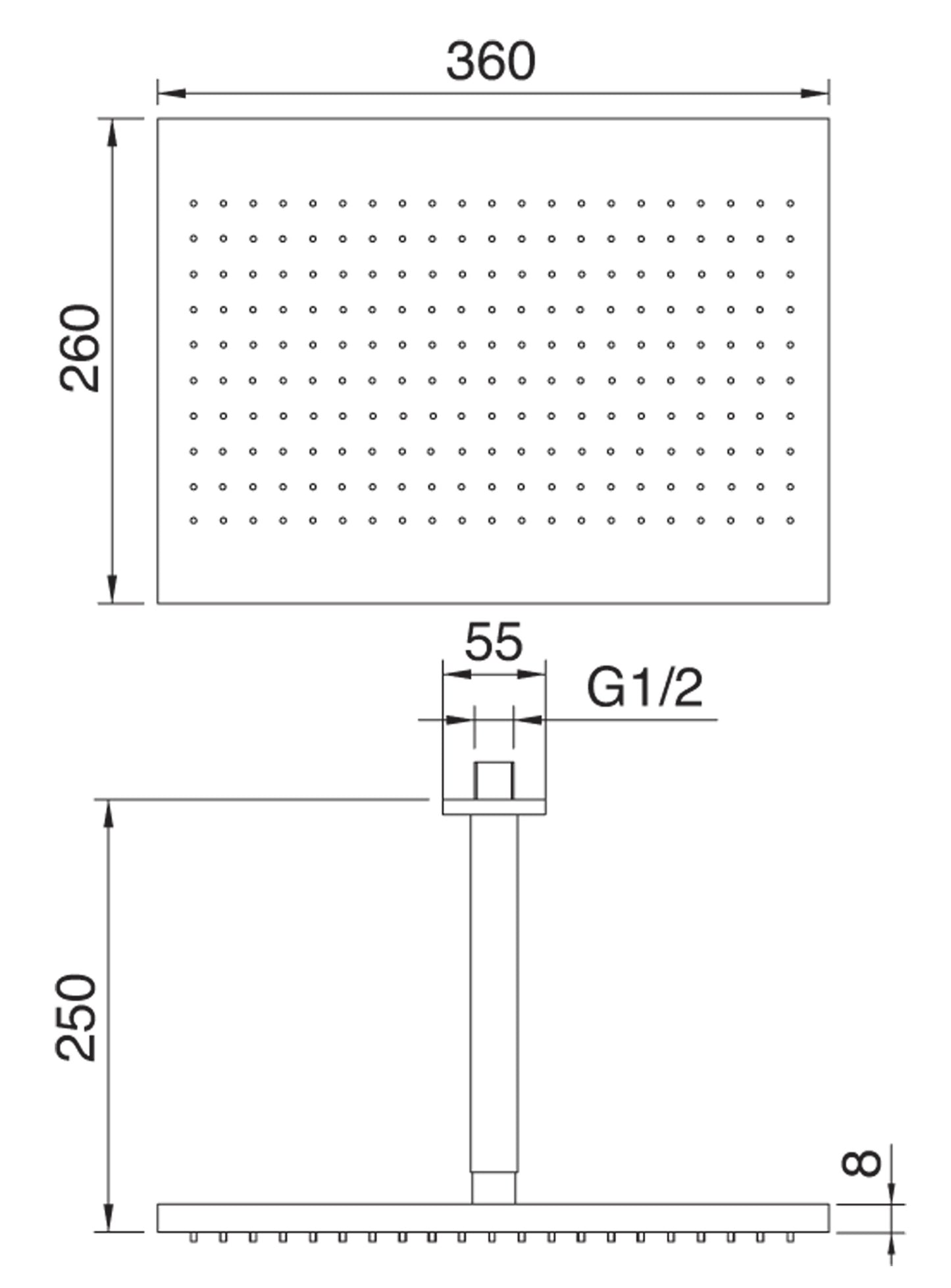 Soffione Doccia Quadro A Soffitto In Metallo Anticalcare 360x260 mm Con Braccio In Ottone Lunghezza 250 mm Rubinetterie Treemme Arche' Finitura Cromata