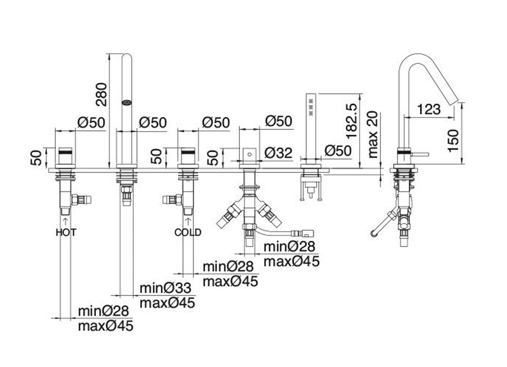 Rubinetterie Treemme X-CHANGE XR Miscelatore Batteria Bordo Vasca 5 Fori Con Doccetta In Metallo Estraibile Materiale Ottone Finitura Cromata