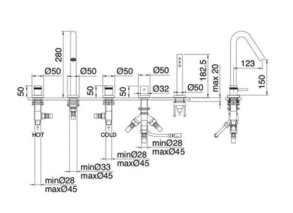 Rubinetterie Treemme X-CHANGE XR Miscelatore Batteria Bordo Vasca 5 Fori Con Doccetta In Metallo Estraibile Materiale Ottone Finitura Cromata