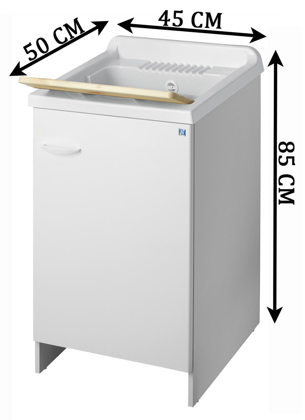 Negrari Magica Arredo Lavatoio Misura 45x50 L45 P50 H85 CM Bianco Lavapanni Interno Bagno Lavanderia Base Mobile Nobilitato Idrofugo Legno Vasca Lavabo Lavandino Lavello Resina Plastica Asse Pino Verniciato Sifone Piedi Anta Sportello Arrotondato Battente