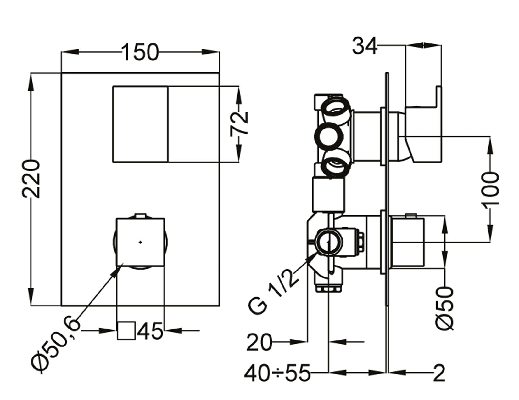 Miscelatore Per Doccia Ad Incasso Con Deviatore A 2-5 Uscite Duemmeggi Square Ottone Finitura Cromata Made in Italy Garanzia 5 Anni
