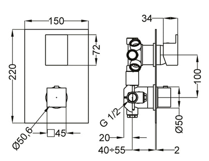 Miscelatore Per Doccia Ad Incasso Con Deviatore A 2-5 Uscite Duemmeggi Square Ottone Finitura Cromata Made in Italy Garanzia 5 Anni
