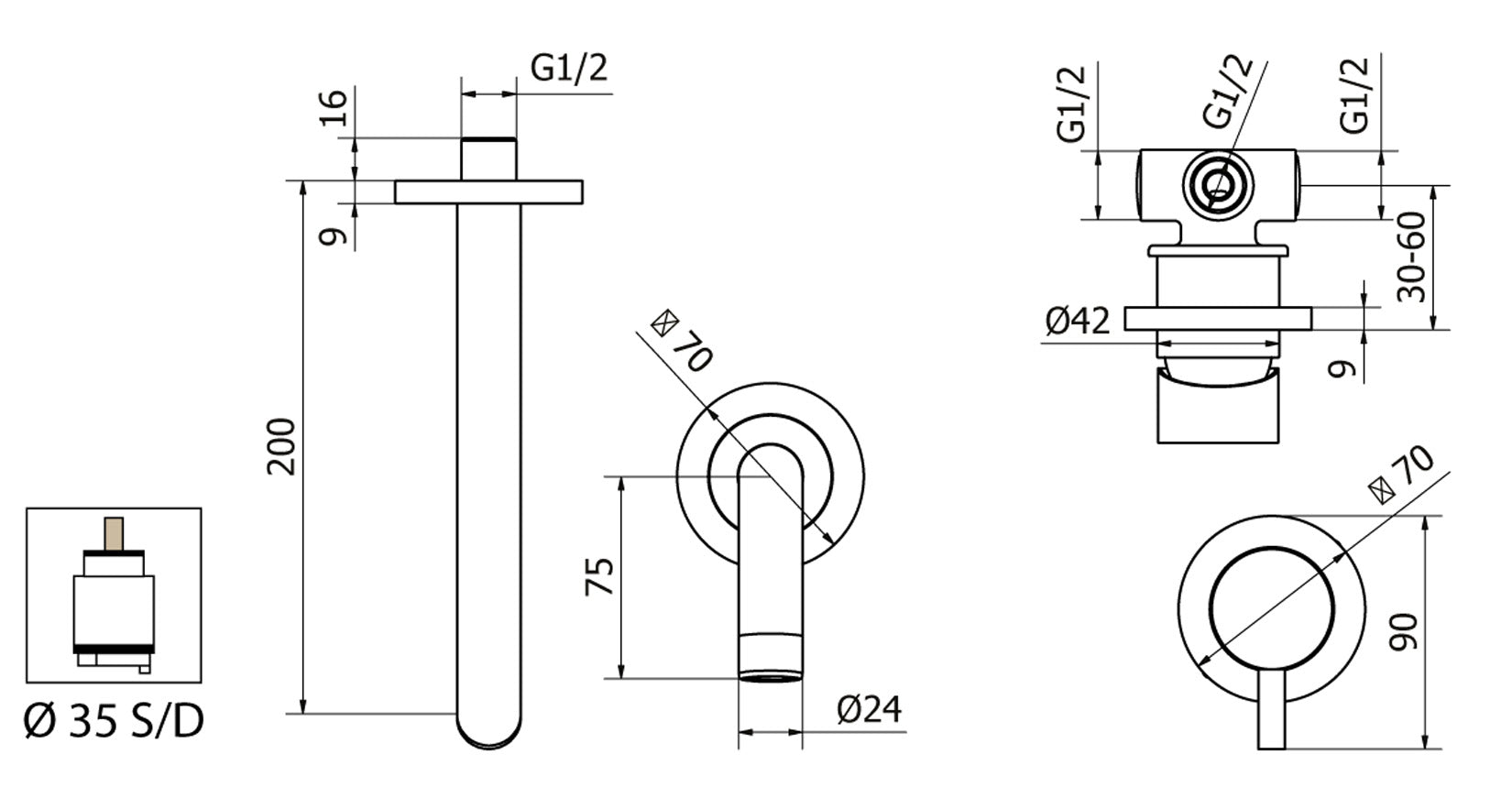 Batteria Lavabo Ad Incasso Duemmeggi Round 2 Fori Senza Piastra Muro Parete Senza Piletta di Scarico 1 Leva Manopola Monocomando Stile Moderno Lunghezza 200 mm Materiale Ottone Finitura Cromata Made in Italy Garanzia 5 Anni