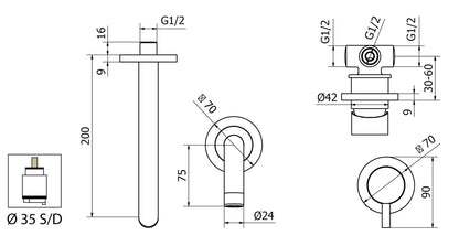 Batteria Lavabo Ad Incasso Duemmeggi Round 2 Fori Senza Piastra Muro Parete Senza Piletta di Scarico 1 Leva Manopola Monocomando Stile Moderno Lunghezza 200 mm Materiale Ottone Finitura Cromata Made in Italy Garanzia 5 Anni
