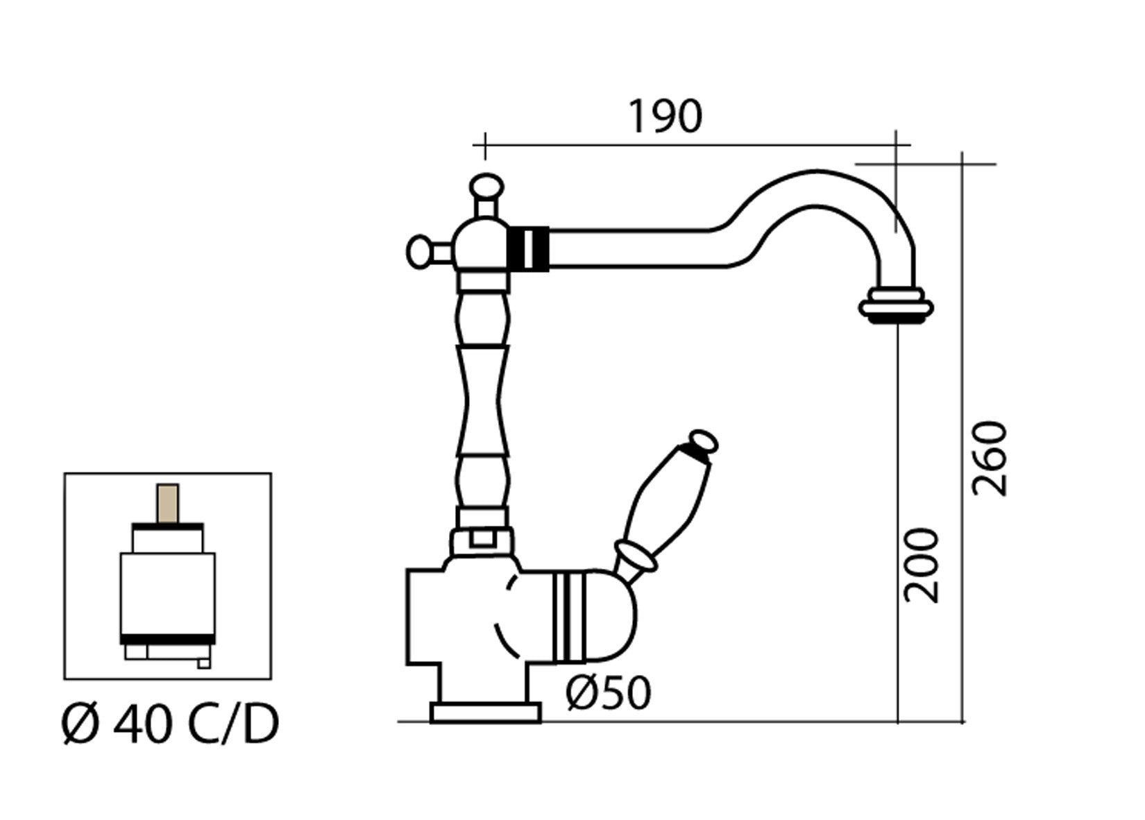 Monoforo Miscelatore Lavabo Senza Scarico con Vitone Ceramico Duemmeggi Oxford Ottone Finitura Cromata Lunghezza 195 mm Altezza 260 mm Made in Italy Garanzia 5 Anni