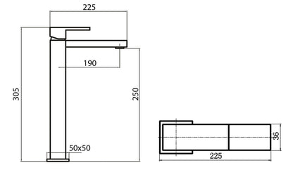 Miscelatore Lavabo Alto Appoggio Monoforo 1 Foro Senza Piletta di Scarico 1 Leva Monocomando Duemmeggi 2MG Square Materiale Ottone Finitura Cromata Lunghezza 225 mm Altezza 305 mm Made in Italy Garanzia 5 Anni
