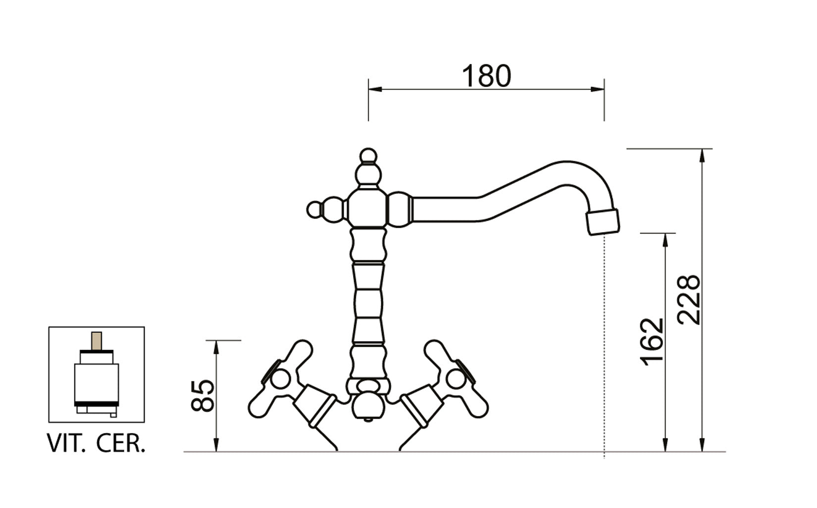 Miscelatore Monoforo Lavabo Piletta Scarico Automatico 1" 1/4" E Vitone Ceramico Duemmeggi Oxford Appoggio 1 Foro 2 Leve Manopole Stile Classico Lunghezza 180 mm Altezza 228 mm Materiale Ottone Finitura Cromata Made in Italy Garanzia 5 Anni