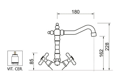 Miscelatore Monoforo Lavabo Piletta Scarico Automatico 1" 1/4" E Vitone Ceramico Duemmeggi Oxford Appoggio 1 Foro 2 Leve Manopole Stile Classico Lunghezza 180 mm Altezza 228 mm Materiale Ottone Finitura Cromata Made in Italy Garanzia 5 Anni