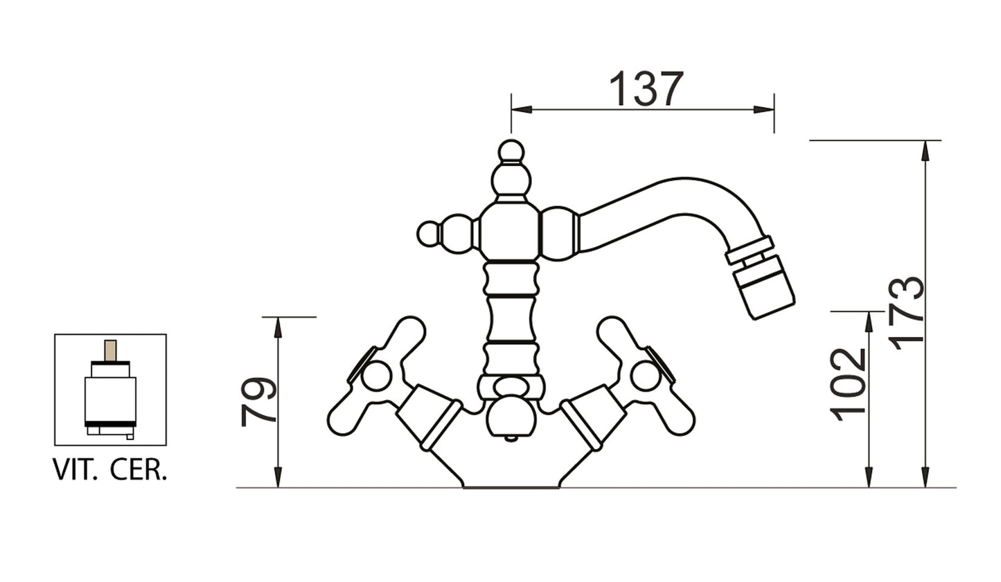 Miscelatore Monoforo Bidet Piletta di Scarico Automatico 1" 1/4" E Vitone Ceramico Duemmeggi Oxford Appoggio 1 Foro 2 Leve Manopole Stile Classico Materiale Ottone Finitura Cromata Made in Italy Garanzia 5 Anni