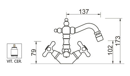 Miscelatore Monoforo Bidet Piletta di Scarico Automatico 1" 1/4" E Vitone Ceramico Duemmeggi Oxford Appoggio 1 Foro 2 Leve Manopole Stile Classico Materiale Ottone Finitura Cromata Made in Italy Garanzia 5 Anni