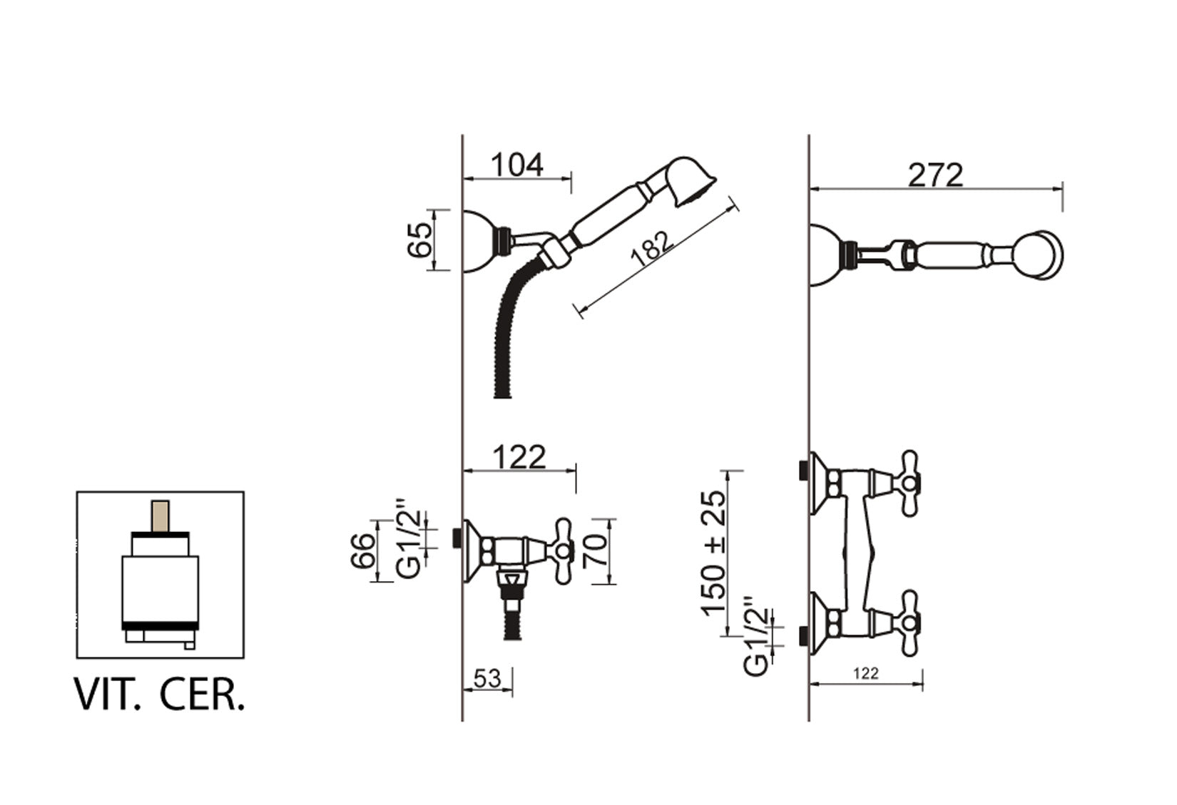 Gruppo Doccia Esterno Attacco 1/2" Con Duplex Set Doccia E Vitone Ceramico E Vitone Ceramico Duemmeggi Oxford Ottone Finitura Cromata