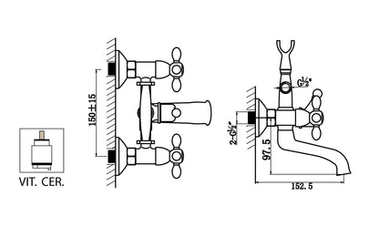 Gruppo Doccia Vasca Esterno Con Duplex E Set Doccia E Vitone Ceramico Duemmeggi Oxford Parete Muro 2 Fori 2 Leve Manopole Con Doccetta Stile Classico Materiale Ottone Finitura Cromata Made in Italy Garanzia 5 Anni