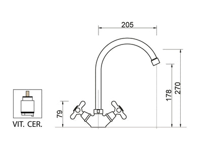 Miscelatore Gruppo Monoforo Lavello Canna Ombrello E Vitone Ceramico Duemmeggi Oxford Appoggio 1 Foro 2 Leve Manopole Stile Classico Materiale Ottone Finitura Cromata Made in Italy Garanzia 5 Anni