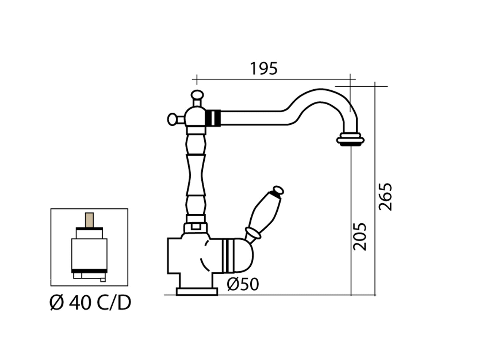 Miscelatore Per Lavello Cucina Senza Scarico E Vitone Ceramico Duemmeggi Oxford Monoforo 1 Foro Monocomando 1 Leva Manopola Appoggio Stile Classico Materiale Ottone Finitura Cromata Made in Italy Garanzia 5 Anni