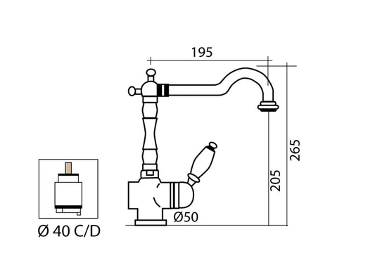 Miscelatore Per Lavello Cucina Senza Scarico E Vitone Ceramico Duemmeggi Oxford Monoforo 1 Foro Monocomando 1 Leva Manopola Appoggio Stile Classico Materiale Ottone Finitura Cromata Made in Italy Garanzia 5 Anni