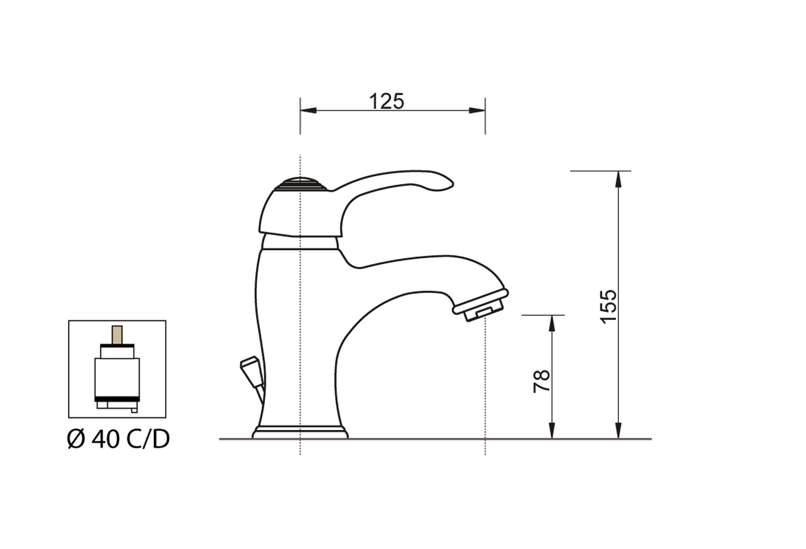 Miscelatore Lavabo Piletta Scarico Automatico 1" 1/4" Duemmeggi Zeta Appoggio Monoforo 1 Foro Monocomando 1 Leva Manopola Stile Classico Lunghezza 125 mm Altezza 155 mm Materiale Ottone Finitura Cromata Made in Italy Garanzia 5 Anni