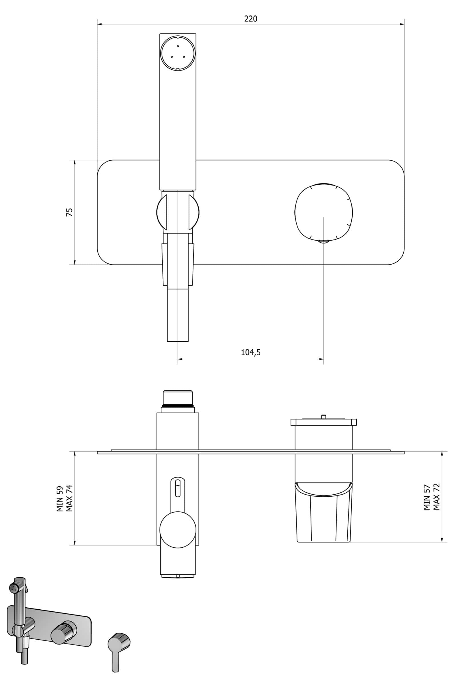 IB Rubinetti Taaac Set Di Parti Esterne e Corpo ad Incasso A Muro Con Piastra Per Idroscopino Igienico Con Miscelatore Per WC Materiale Ottone Finitura Cromata