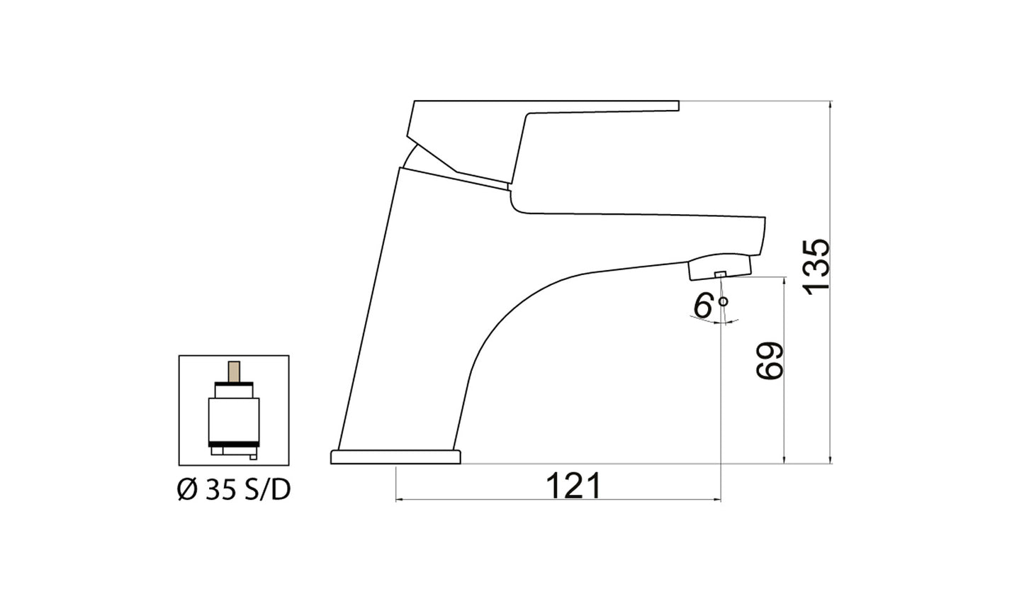 Miscelatore Lavabo Piletta Scarico Automatico 1" 1/4" Duemmeggi Air Installazione Appoggio 1 Foro Monoforo 1 Leva Manopola Stile Moderno Lunghezza 121 mm Altezza 135 mm Ottone Finitura Cromata Made in Italy Garanzia 5 Anni