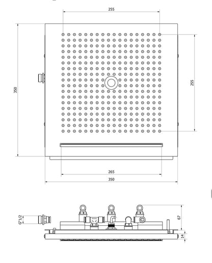 IB Rubinetti AQUARIVA Soffione Doccia Quadrato Da Semi Incasso A Soffitto Con Getto A Pioggia Cascata E Cromoterapia 350x350 mm Stile Moderno Materiale Ottone Finitura Cromata